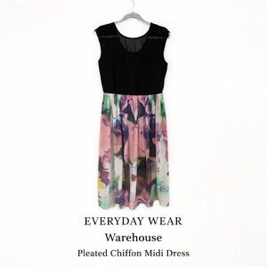 Warehouse Pleated Chiffon Abstract Midi Dress Black Bodice Lined US 10
